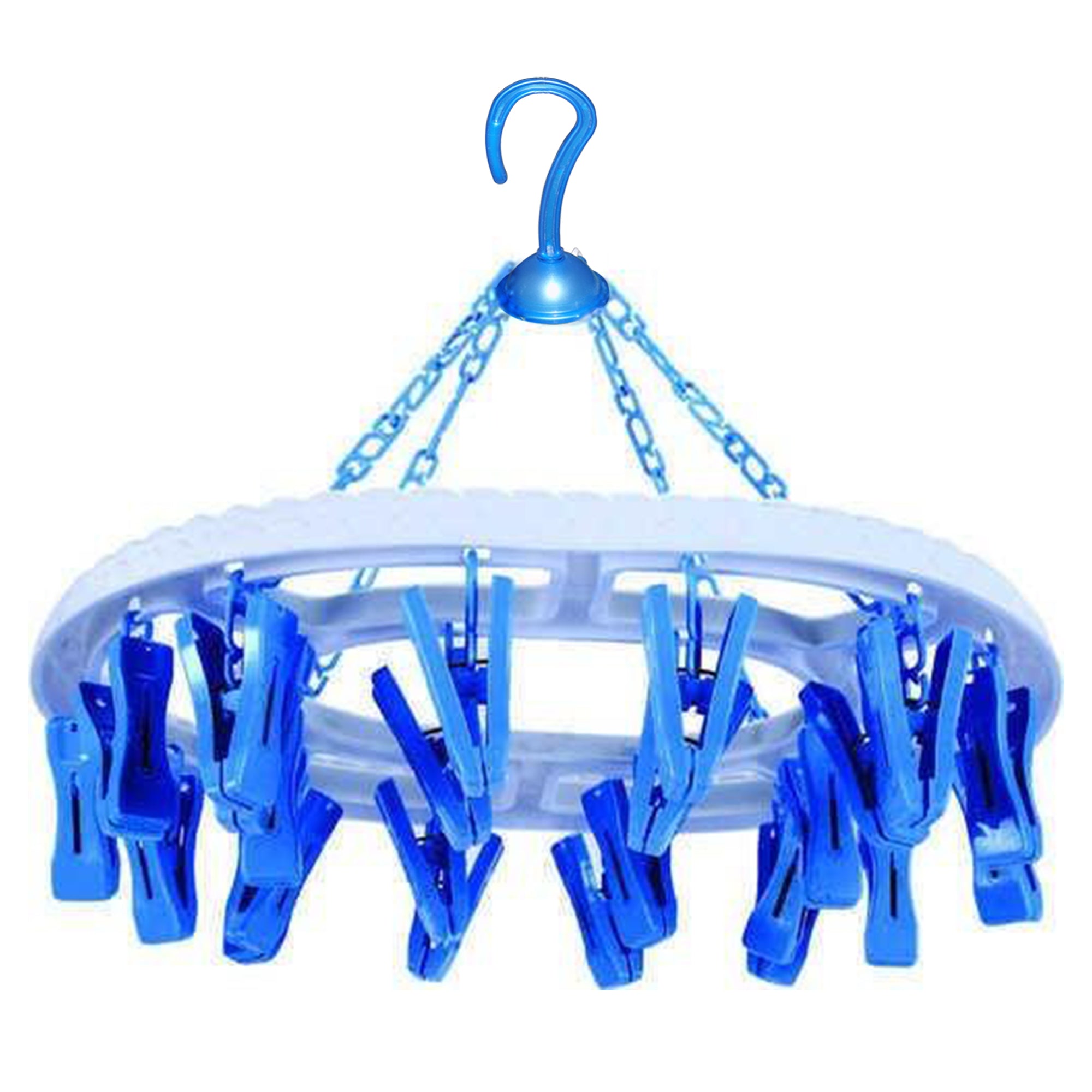 Space-saving round cloth hanger with 18 clips in multicolour. Space-saving round cloth hanger with 18 clips in multicolour.
